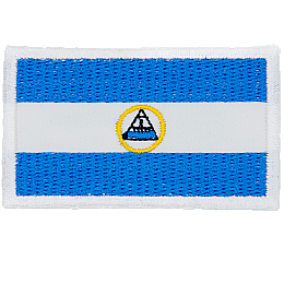 Three horizontal stripes; two blue and one white. A coat of arms made of a triangle is in the center.