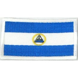 Three horizontal stripes; two blue and one white. A coat of arms made of a triangle is in the center.