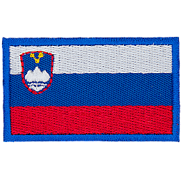 Three horizontal stripes; white, blue and red. A coat of arms in the shape of a shield with mountains is on the top left.