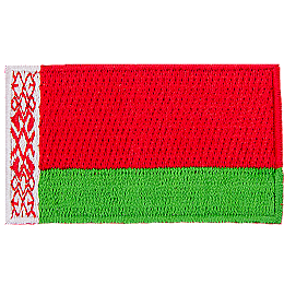 A white bar with red patterning on the left side overlaps a large red rectangle and a smaller green stripe.