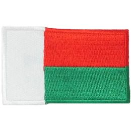 This rectangle flag patch is broken into three different coloured sections. A vertical white bar runs down the left side of the patch, taking up a third of the flag. The remaining section is divided into two even horizontal bars: a red one on the top and a green one on the bottom. This is the flag of Madagascar.