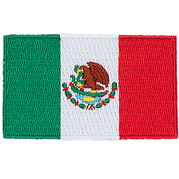 Vertically striped green-white-red national flag with a central coat of arms featuring an eagle, a cactus, and a serpent.