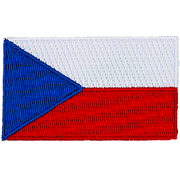 Two equal horizontal bands of white (top) and red with a blue isosceles triangle based on the hoist (left) side.