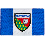 This flag is composed of three vertical bars, two blue outer bars and a white center bar. The Northwest Territories shield is in the center of the flag.