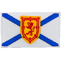 This white flag has two blue bars crossing in an X through the center of the flag. Also in the center is a yellow shield displaying a red lion.