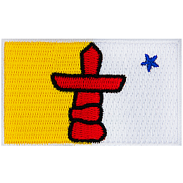 This flag is made up of two background colours with gold on the left and white on the right. The colours are separated with a red inuksuk. A blue star is in the upper right corner.