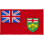 This rectangular patch features a bright red background. In the top left quarter sits the blue and red Union Jack. Near the bottom right of the flag is the provincial shield of Ontario.