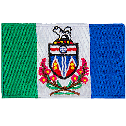 Three coloured bars from the left to the right: green, white, and blue. Yukon's provincial shield and flowers decorates the center of the flag.