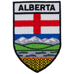 The Alberta flag with the word Alberta above it. 