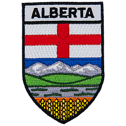 The Alberta flag with the word Alberta above it.