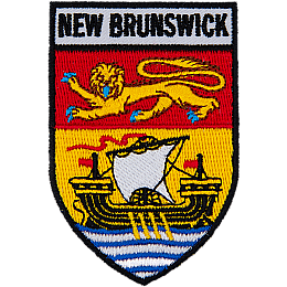 This shield-shaped crest is broken up into three horizontal parts. At the top are the words New Brunswick and underneath it is the NB flag (consisting of a gold lion on a red background and a ship on a gold background).