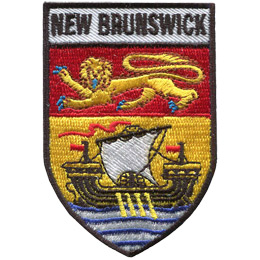 This shield shaped crest is broken up into three horizontal parts. At the top is the words \'New Brunswick\' and underneath it is the NB flag (consisting of a gold lion on a red background and a ship on a gold background).