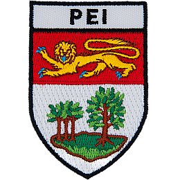 The Prince Edward Island provincial flag with the letters PEI above it in the shape of a shield.