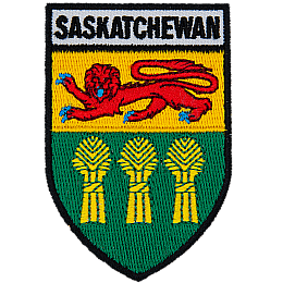 The word Saskatchewan is above the Saskatchewan provincial flag in the shape of a shield.