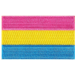 The pansexual pride flag displays 3 thick horizontal stripes of pink, yellow, and blue.