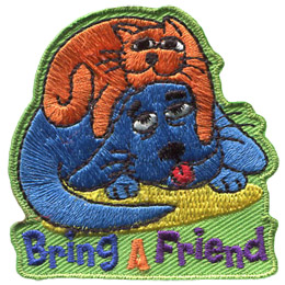 A tired cat rests on top of a tired dog with the text Bring A Friend embroidered underneath.