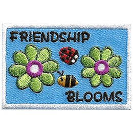 Two green flowers are on either side of a ladybug and bumblebee. The text around them reads Friendship Blooms.