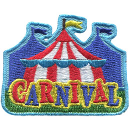 A yellow flag waves in the breeze on top of a red a white striped carnival tent. Two more tents, blued-out in the background, stand on either side of the main tent. The word \'Carnival\' is at the bottom of the patch in the foreground.