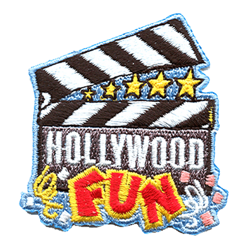 Hollywood Fun is stitched over top of a film slate. Stars and confetti decorate the edges of this patch.