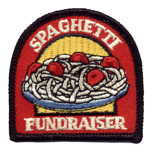 A plate of spaghetti and meatballs with the words Spaghetti Fundraiser above and below it.