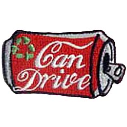 A Coke-A-Cola red and silver styled can lies on its side. The words ''Can Drive'' are written in flowing letters on the can's side while in the top left corner are the tree arrows that represent recycling.