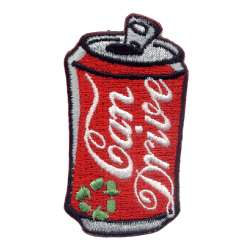 An open red can with a green recycling symbol on it. The words Can Drive are stitched in white script.