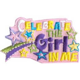 Celebrate, Girl, Award, Star, Streamer, Patch, Embroidered Patch, Merit Badge, Badge, Emblem, Iron On, Iron-On, Crest, Lapel Pin, Insignia, Girl Scouts, Boy Scouts, Girl Guides