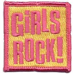 This yellow square patch has the words ''Girls Rock!'' embroidered in pink. A pink merrow border runs along the perimeter of the square.