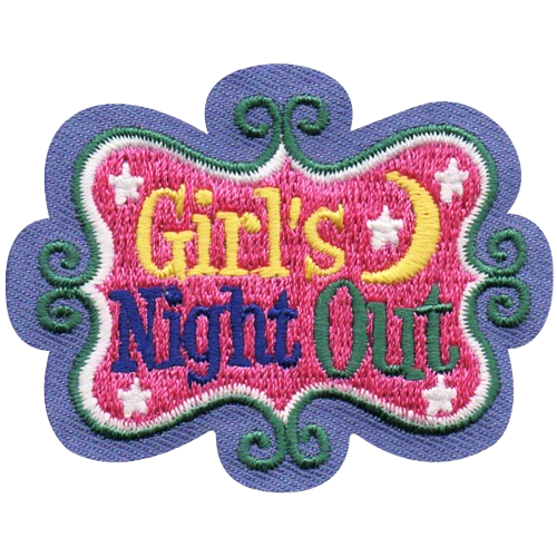 A patch shaped like a fancy retro sign with the words Girl's Night Out on it.