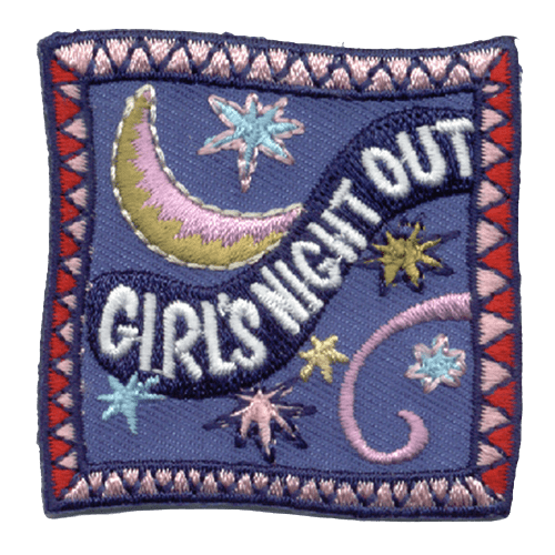 The words Girl's Night Out is embroidered across a ribbon floating in the night sky. A crescent moon and stars sit behind it.