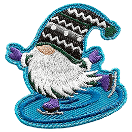 A gnome with a purple hat is skating on the ice.