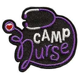 A purple stethoscope wraps around the text Camp Nurse and ends in a heart.