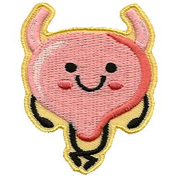 This kawaii bladder is crossing its legs and surrounded by a light yellow border.
