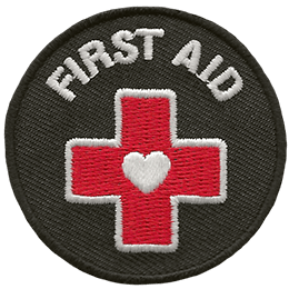 This round First Aid patch displays a red cross with a heart in the center.
