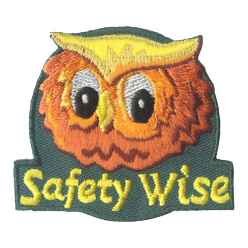 A wise, warm-toned owl with the words Safety Wise stitched underneath it.