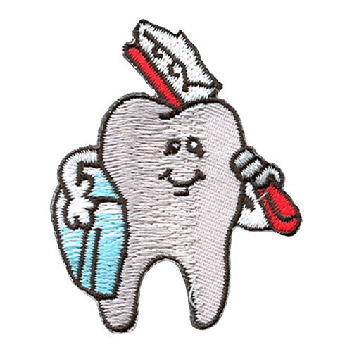 A cartoon tooth holding a red toothbrush and a blue floss container.