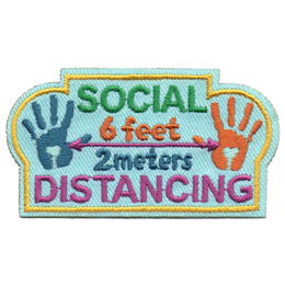 Two hand prints are separated by an arrow that has 6 feet on top and 2 meters below the arrow line. The word Social is at the top of the crest and Distancing is at the bottom.