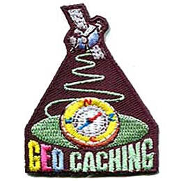 A satellite is sending a wavering signal down onto a green space with an orienteering compass resting on it. The words Geo Caching are written below the image.