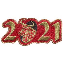 The year 2021 is embroidered in metallic gold thread on a red background. The zero is black, with a gold and red ox emerging from it.