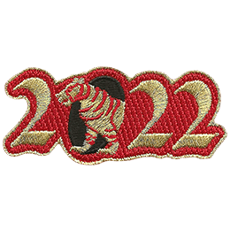 The year 2022 is embroidered in metallic gold thread on a red background. The zero is black, with a gold and red tiger emerging from it.