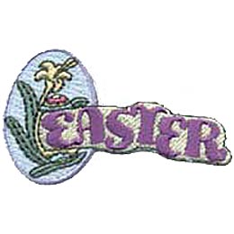 This blue egg is decorated with a yellow lily and an Easter egg. The word ''Easter'' breaks out of the egg and goes to the right.