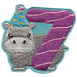 A hippo wearing a party hat stands behind the number 7.