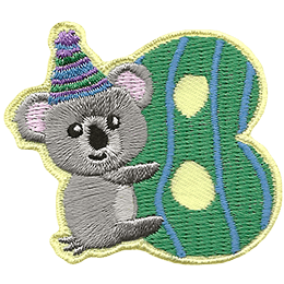 A koala wearing a party hat clings to the side of the number 8.