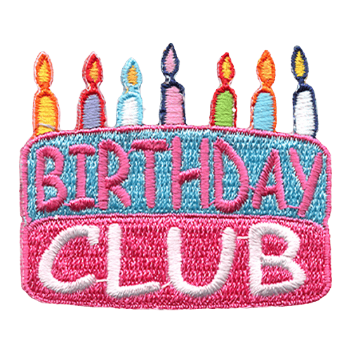 The words Birthday Club are on a pink and blue cake with seven candles.