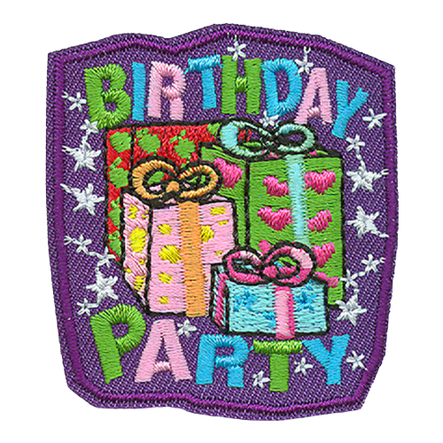 Four multicoloured presents with bows sit between the words Birthday Party surrounded by sparkling stars.