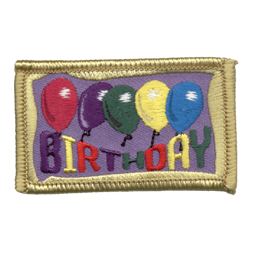 Five colourful balloons in a line decorate the center of this patch. Underneath the word ''Birthday'' is spelled out in different coloured letters. A golden border frames the whole patch.