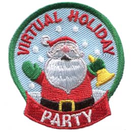 Santa looks up towards a snowing sky as he joyfully rings a bell in his hand. This patch is shaped like a snow globe.