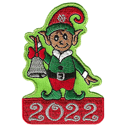 An elf dressed in green holds a silver bell. The year 2022 is stitched below.