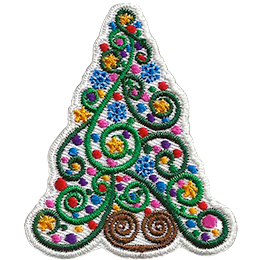 A tree made out of green swirls and decorated with multicoloured dots to represent ornaments. 