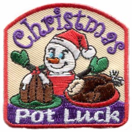 A snowman in a red hat in front of a turkey and cake. The words Christmas Pot Luck are above and below.